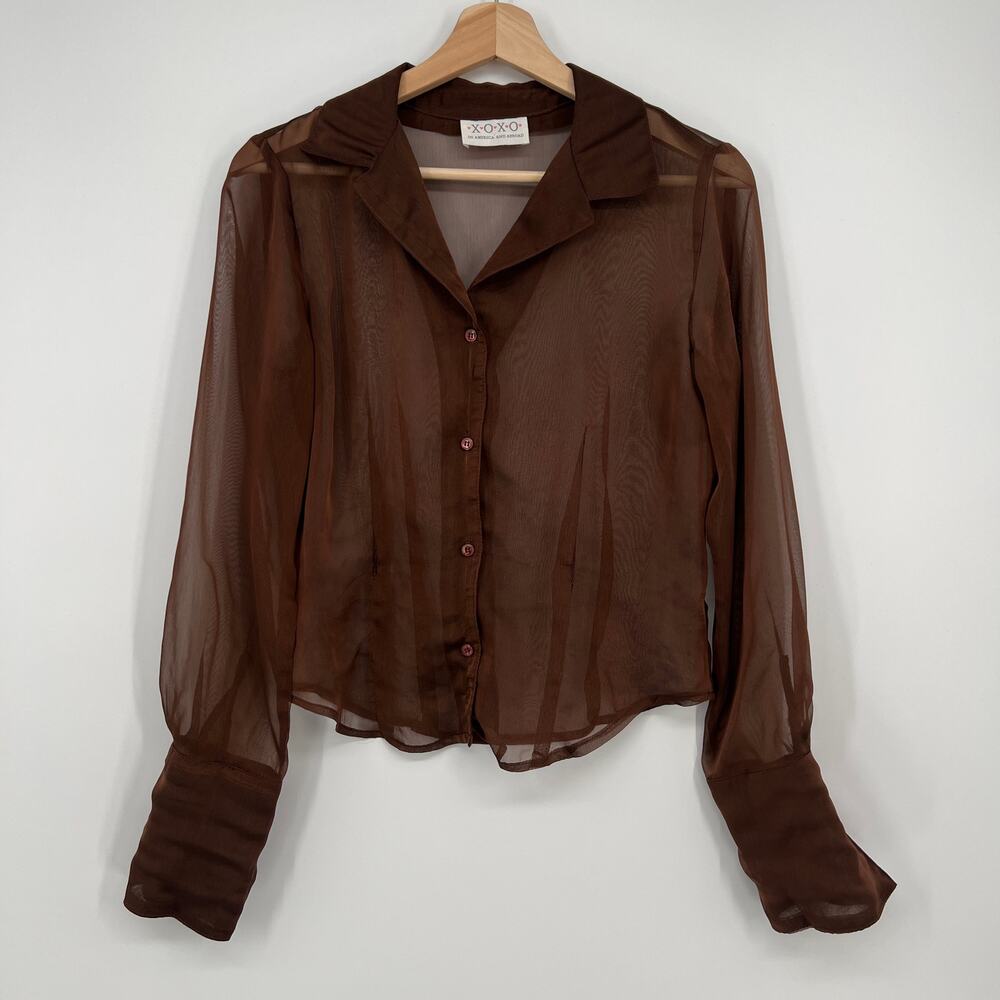 Vtg Y2K XOXO Sheer Button Blouse Top Womens Medium Chocolate Brown Cropped READ